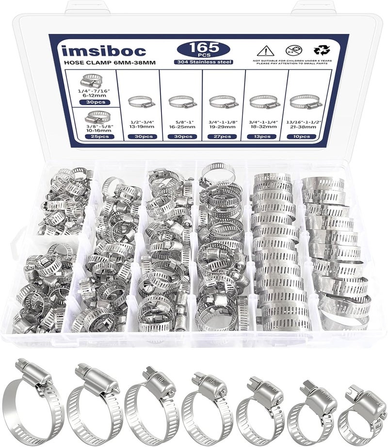 imsiboc 165PCS Adjustable Stainless Steel Hose Clamps Assortment Kit, 1/4''- 1-1/2'' (6-38mm) Worm Gear Metal Fuel Line Clamp for Plumbing, Automotive and Mechanical Applications - Image 1